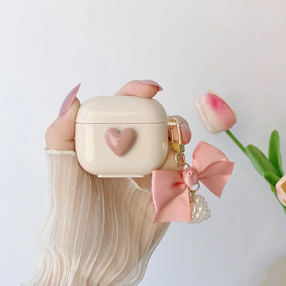 Ribbon Bowknot Pearl Keychain Case for AirPods 4 3 2 Pro Shockproof Cover