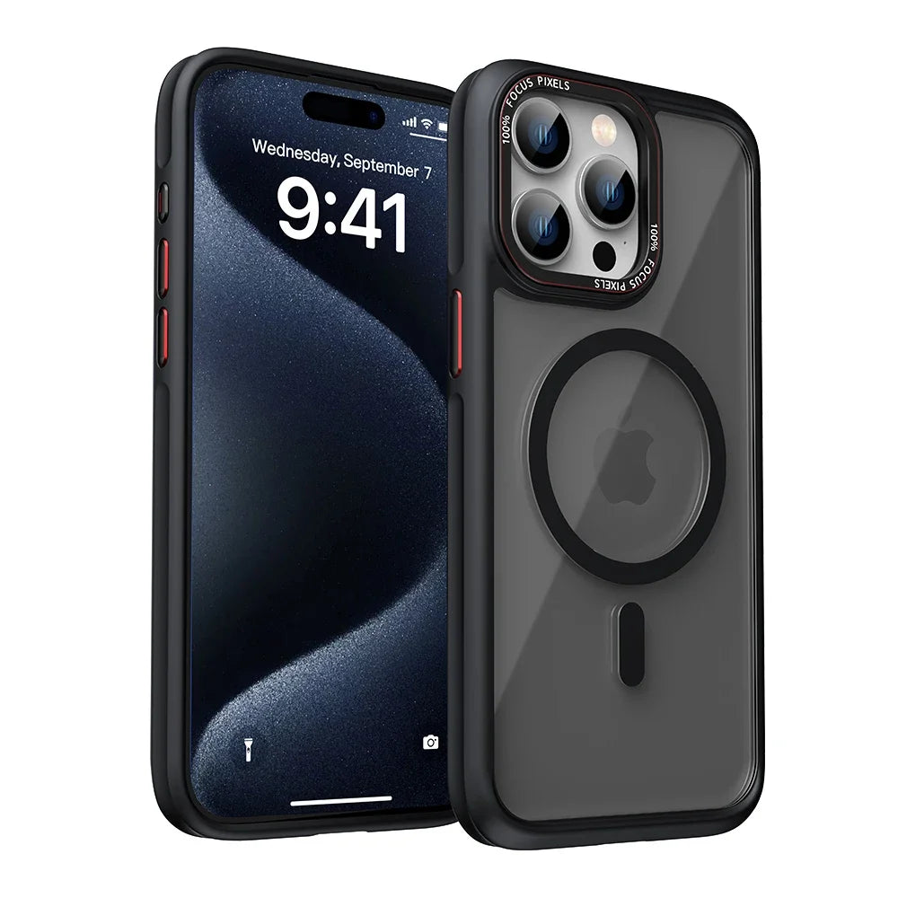 HD Transparent MagSafe Case for iPhone 16 15 14 13 12 Pro Max Metal Buttons