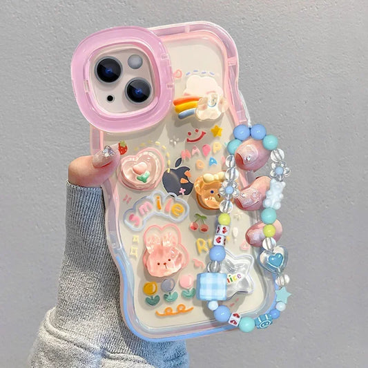 Bead Bracelet Chain Phone Holder Case for iPhone 15–11 Pro Max, 3D Rainbow Stand