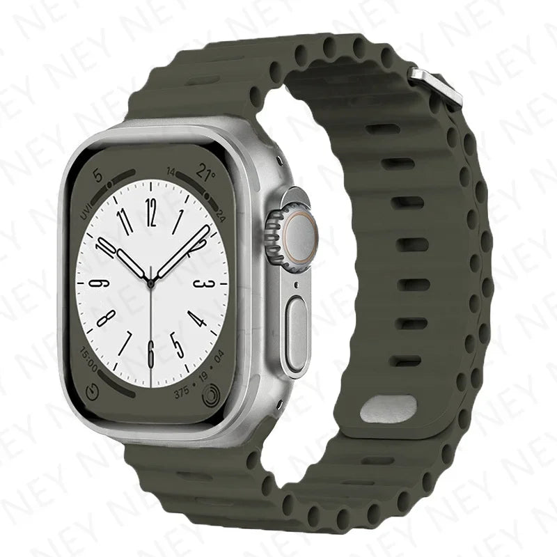 Ocean Silicone Strap for Apple Watch Ultra 2 & Series 9–3 SE, Adjustable 40–49mm Band