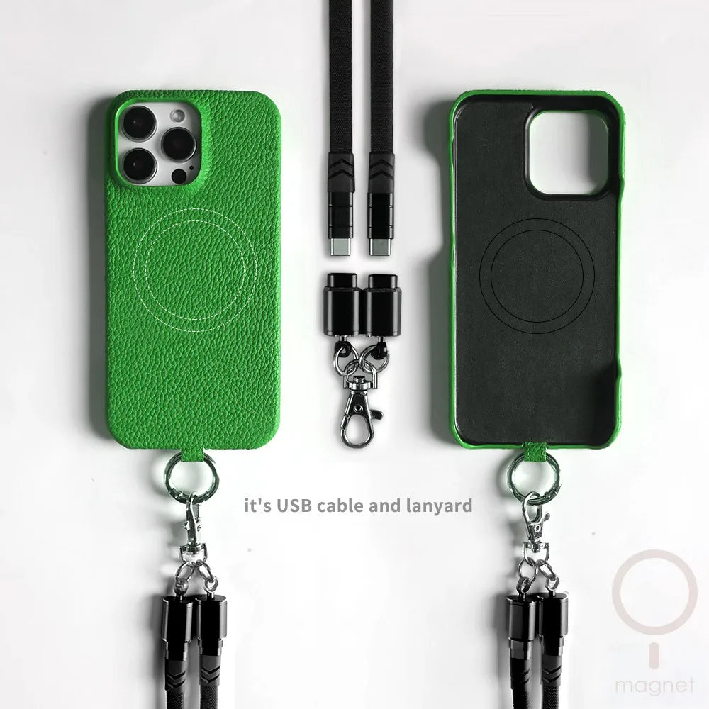 Leather MagSafe Case with USB Charging Lanyard for iPhone 16 Pro Max 15 14