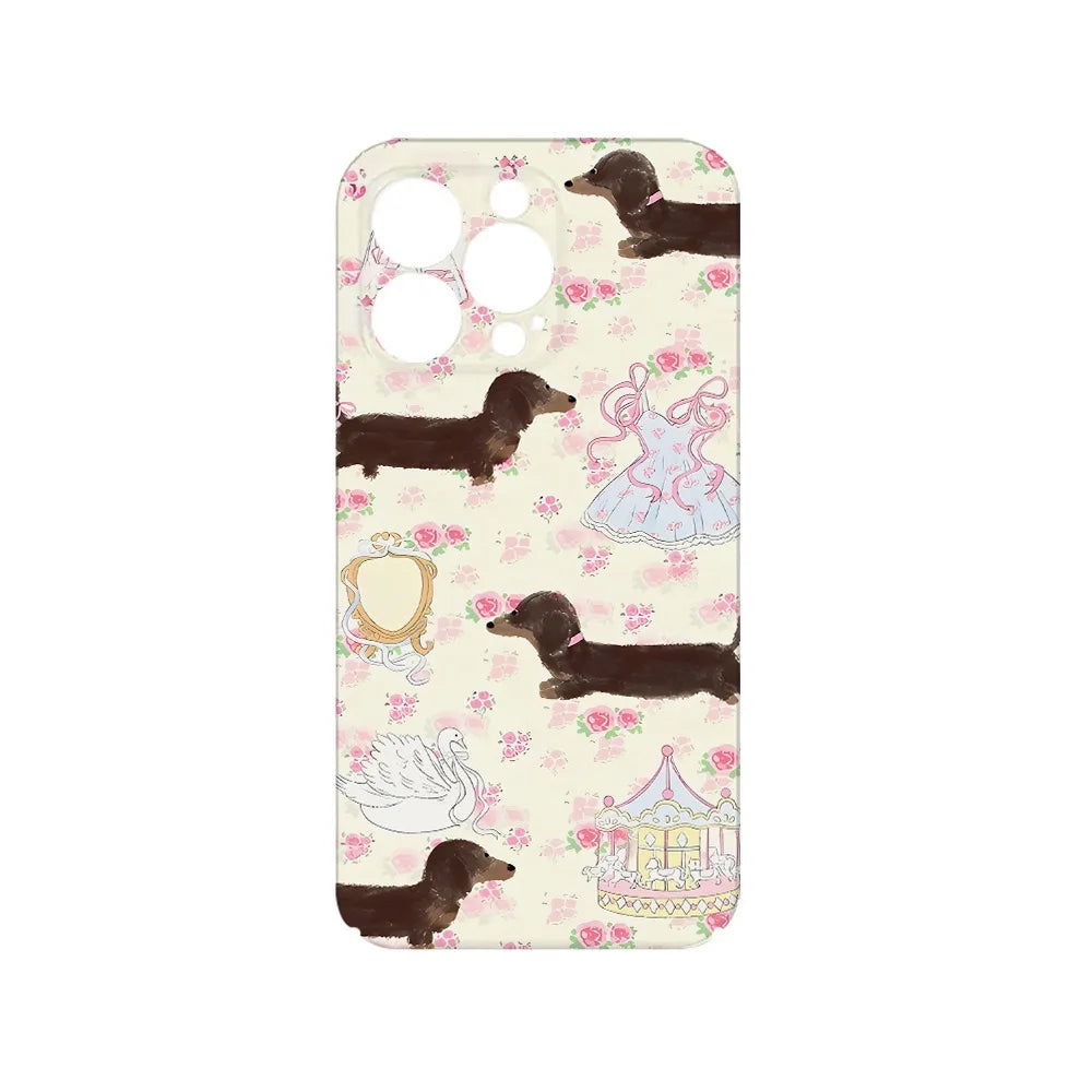 INS Floral Sausage Dog Case for iPhone 16 Pro Max 15 14 13 12 11 Pro Plus
