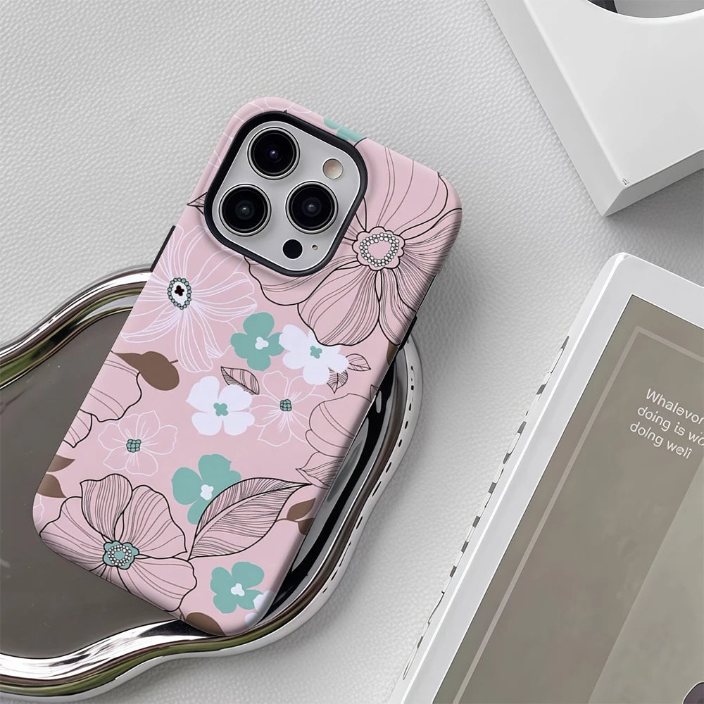 Pastel Floral Case for iPhone 17 16 15 14 13 12 Pro Max Plus Double-Layer