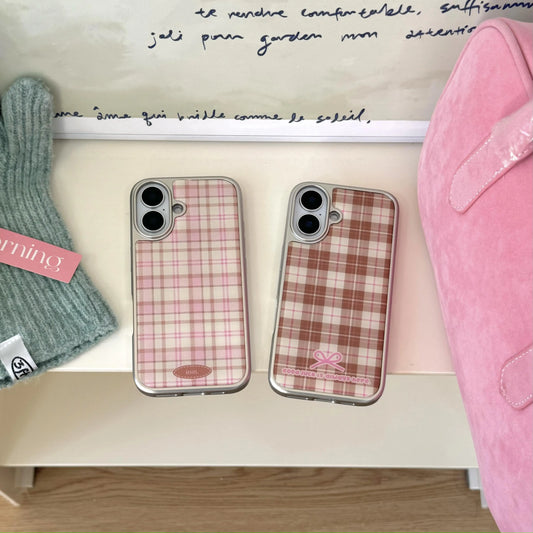 Korean Girly Checker Pattern Electroplated Leather Texture Case for iPhone 16 15 14 Pro Max