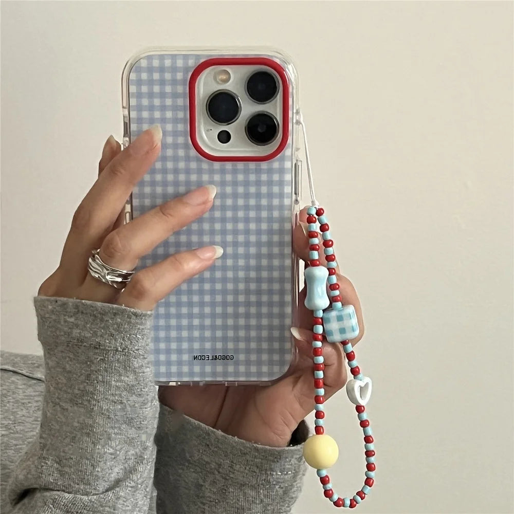 Korean INS Blue Checkered Grid Case with Contrasting Chain for iPhone 16–11 Series