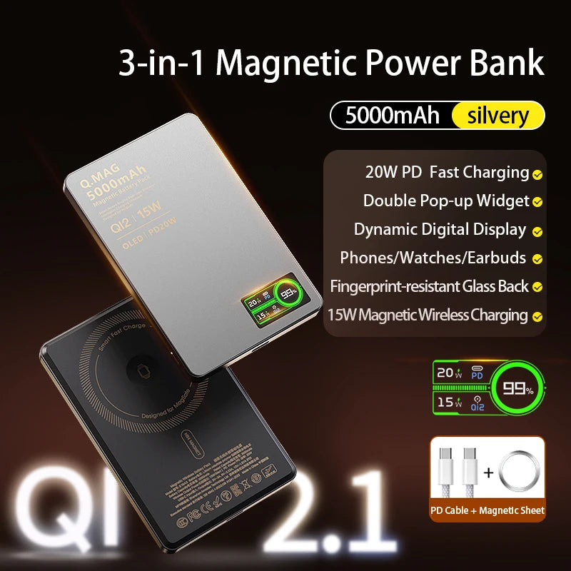 3-in-1 Magnetic Power Bank 15W Wireless Fast Charger for iPhone 12–17 Pro