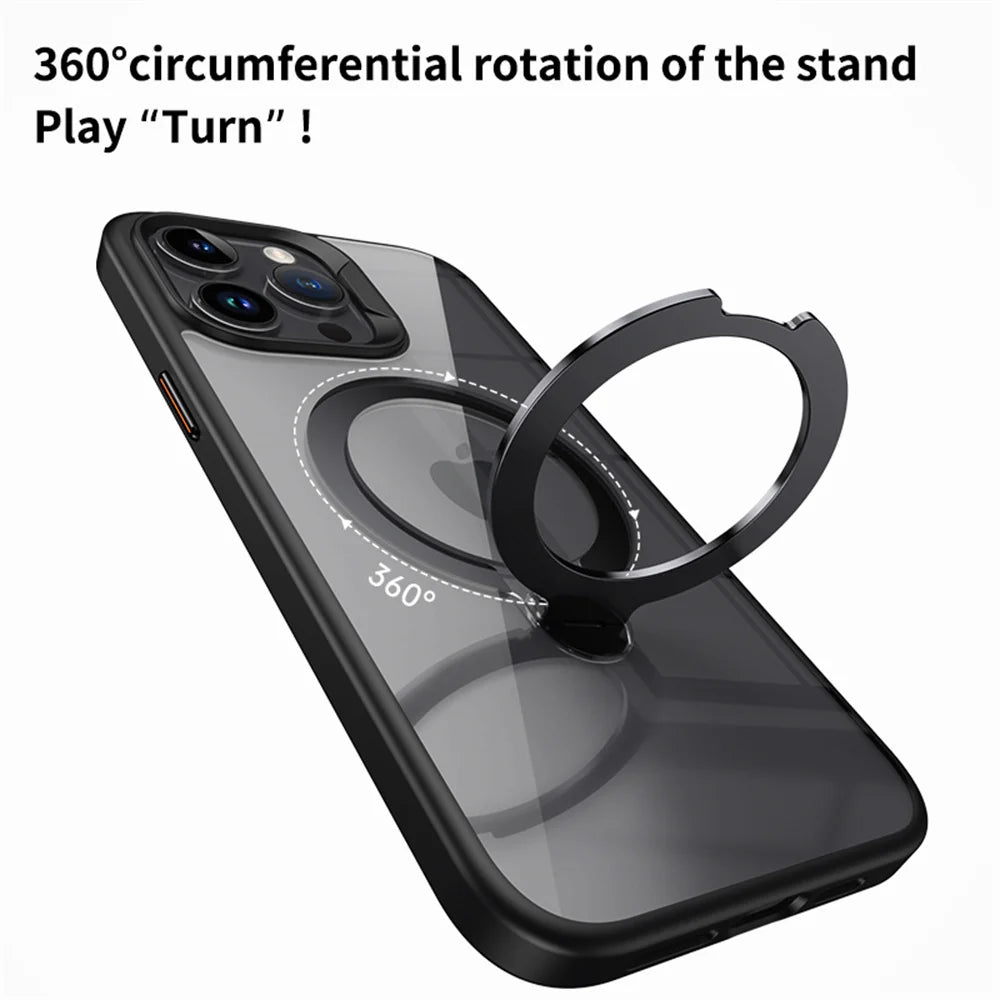 Clear Magnetic iPhone Case with Rotating Folding Stand – 12 to 16 Pro Max