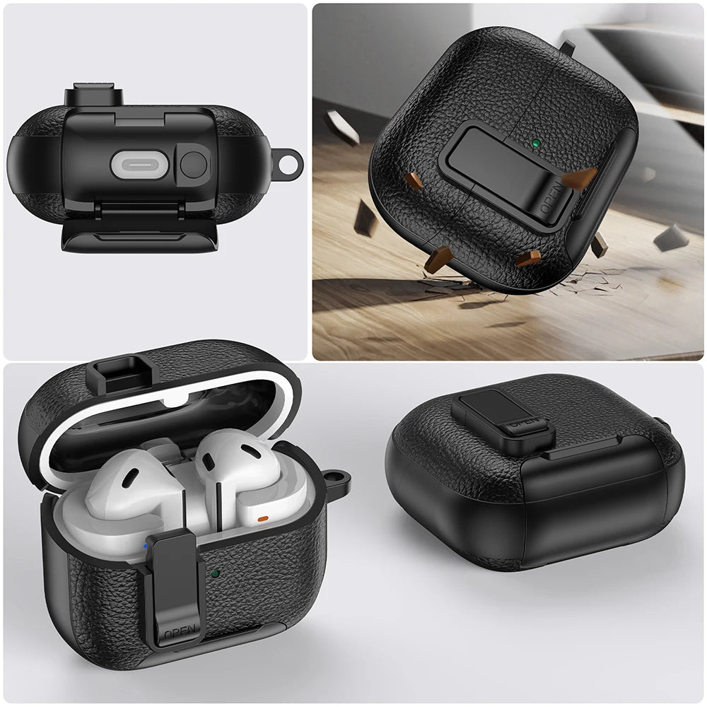 Leather Secure Lock Case for Samsung Galaxy Buds 3 Pro with Bracket Cover
