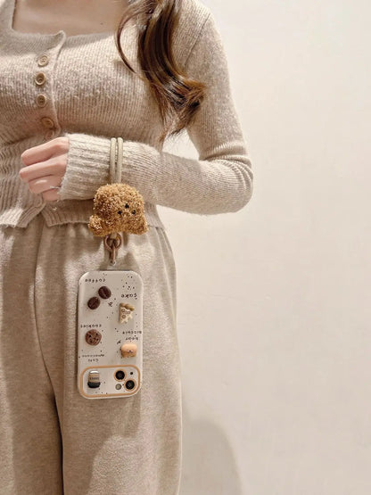 Cute Bear Coffee Phone Case with Lanyard for iPhone 11–15 Pro Max