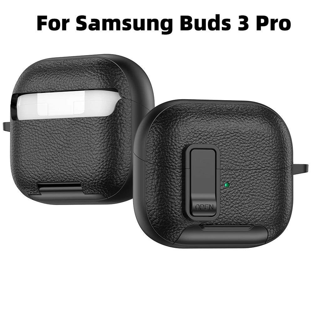 Leather Secure Lock Case for Samsung Galaxy Buds 3 Pro with Bracket Cover